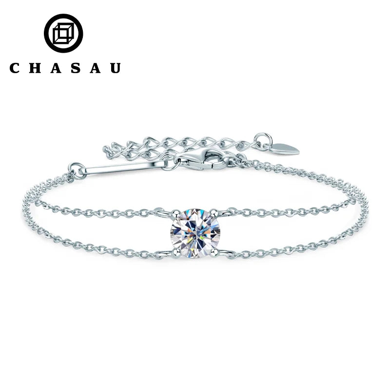 Double Chain Moissanite 1ct 1.0ct 1 Carat 6.5mm 925 Sterling Silver Adjustable Moissanite Chain Bracelet