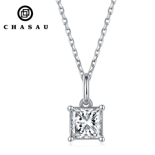 Original Silver 925 Chain Square 1ct 1.0ct Princess Cut 1 Carat 6.5mm Moissanite S925 Sterling Silver Pendant Necklace