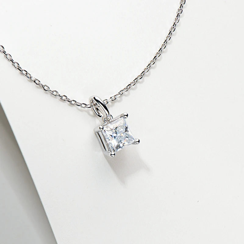 Original Silver 925 Chain Square 1ct 1.0ct Princess Cut 1 Carat 6.5mm Moissanite S925 Sterling Silver Pendant Necklace