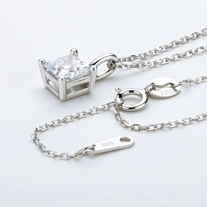 Original Silver 925 Chain Square 1ct 1.0ct Princess Cut 1 Carat 6.5mm Moissanite S925 Sterling Silver Pendant Necklace